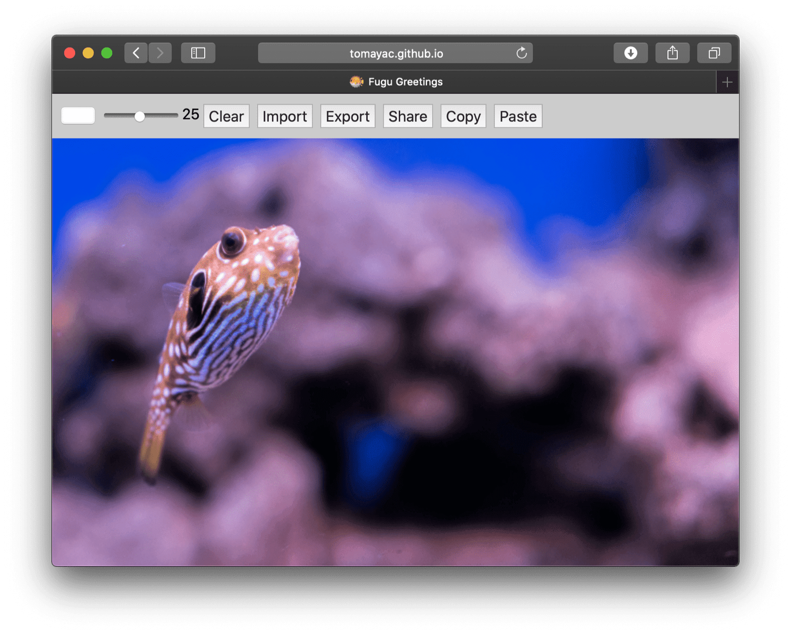 Fugu Greetings berjalan di Safari desktop, yang menampilkan lebih sedikit fitur yang tersedia.
