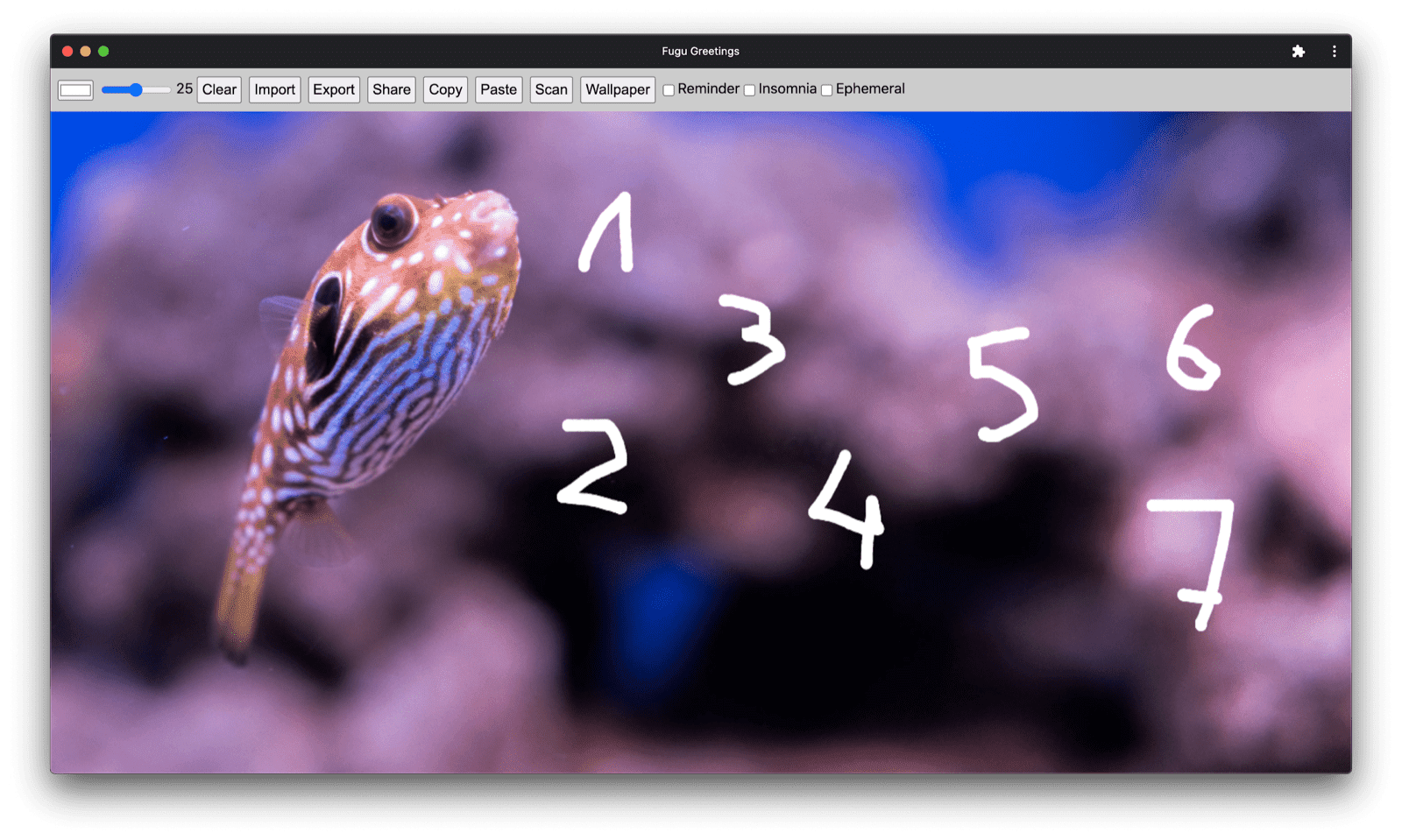 グリーティング カードに 1 から 7 までの数字が 1 つのペンストロークで描かれています。