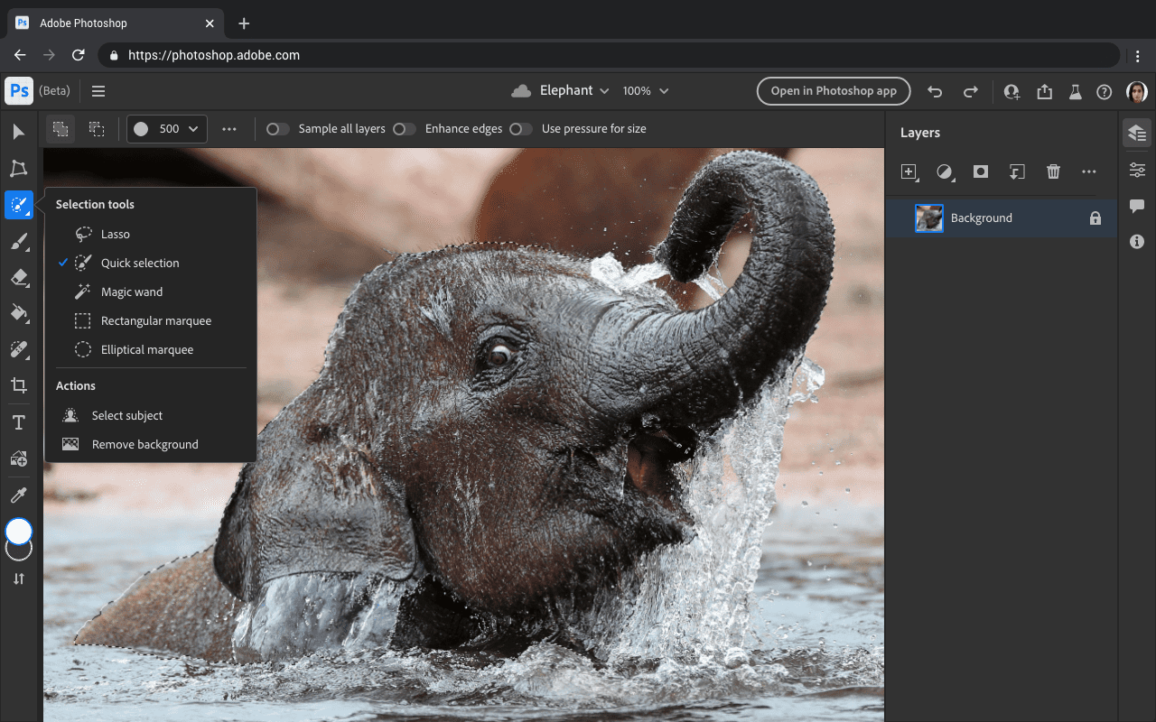 O app da Web do Photoshop em execução em um navegador com uma imagem mostrando um elefante na tela e o item de menu &quot;Ferramentas de seleção&quot; aberto. 