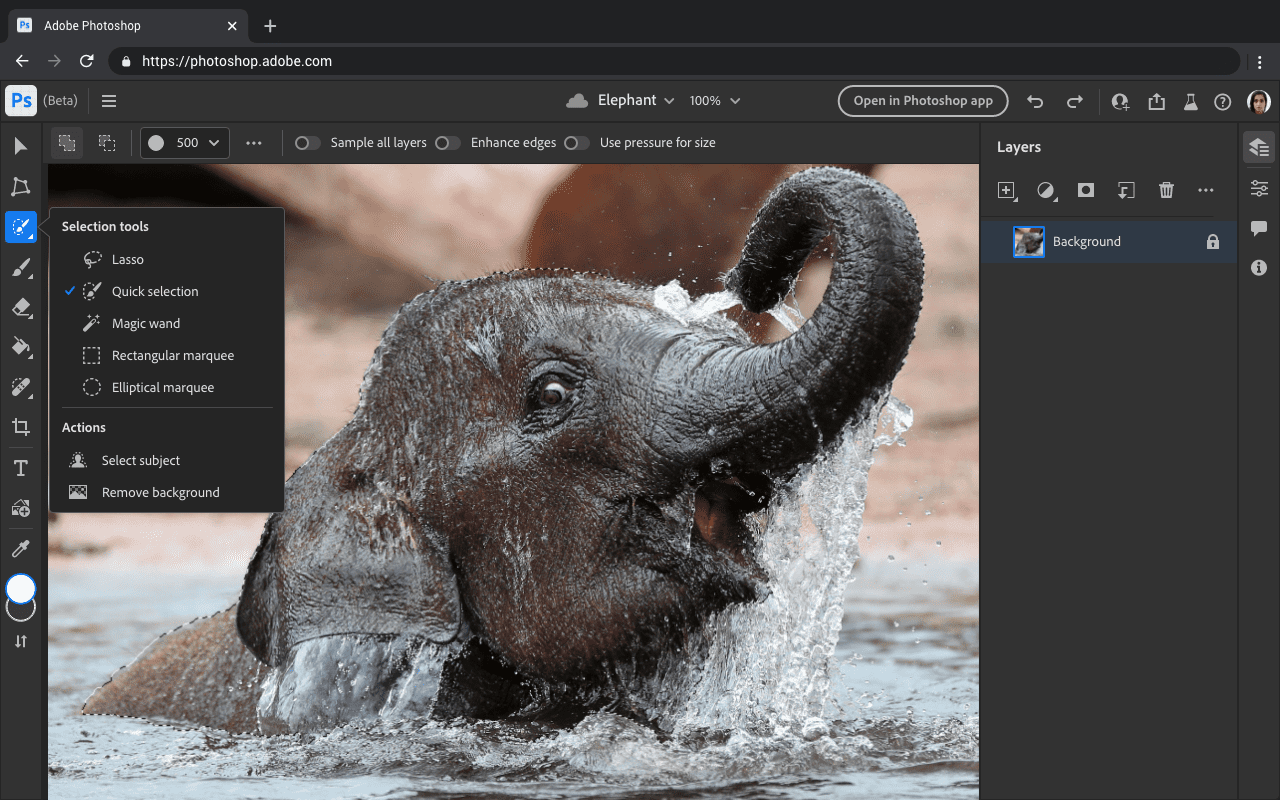 تطبيق الويب Photoshop الذي يعمل في متصفّح مع صورة تعرض فيلًا على اللوحة وعنصر قائمة &quot;أدوات الاختيار&quot; مفتوح. 