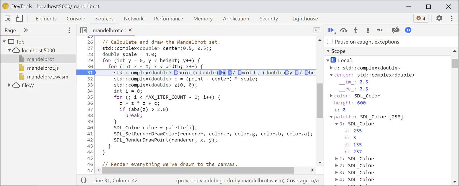 Proses debug WebAssembly di DevTools menampilkan titik henti sementara dalam kode sehingga dapat di-step through.