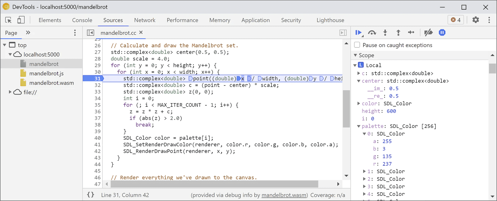 Proses debug WebAssembly di DevTools menampilkan titik henti sementara dalam kode sehingga dapat dilewati.