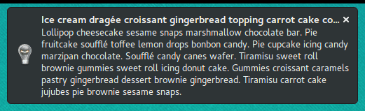 Notificación con título y cuerpo de texto largos en Firefox para Linux mientras se coloca el cursor del mouse sobre ella.