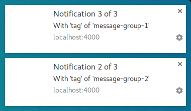 Duas notificações em que a primeira é substituída por uma terceira.