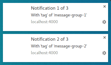 Duas notificações em que a segunda marca do grupo de mensagens 2.