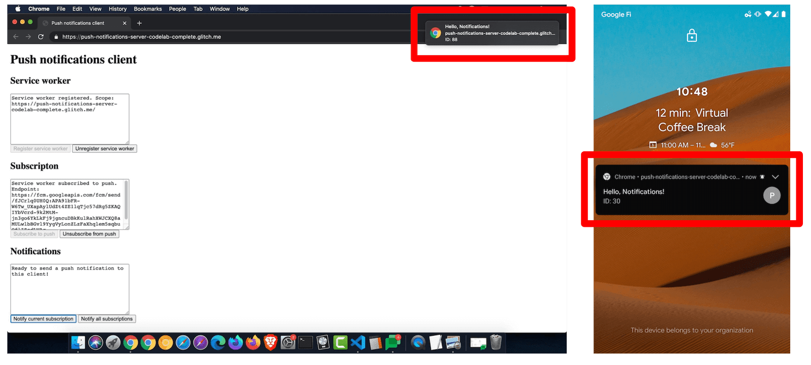 Przykłady powiadomień w systemach macOS i Android.