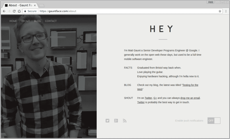 Exemple de bouton d'activation/de désactivation des notifications push Gauntface.com dans le pied de page