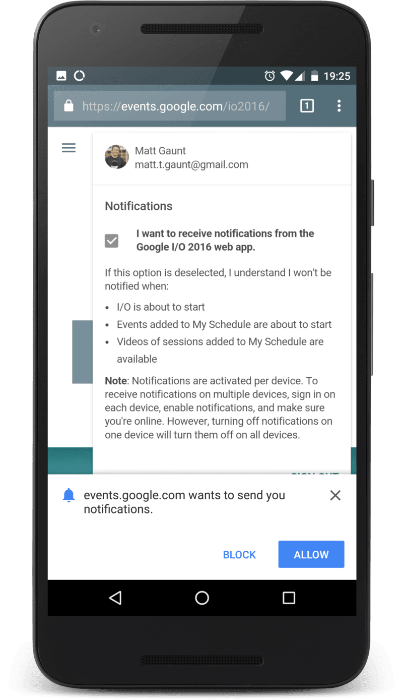 Google IO's web app displaying the permission prompt.