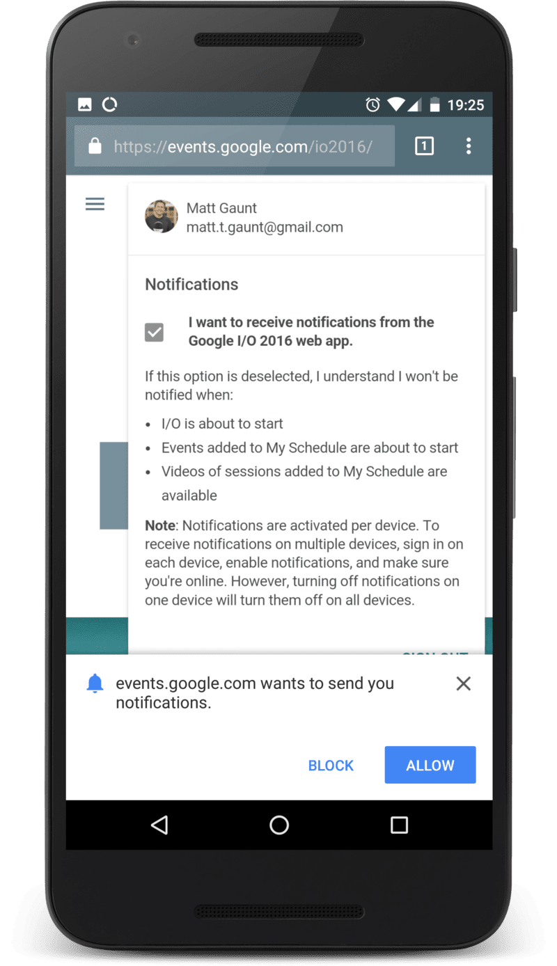 Aplikasi web Google IO yang menampilkan permintaan izin.