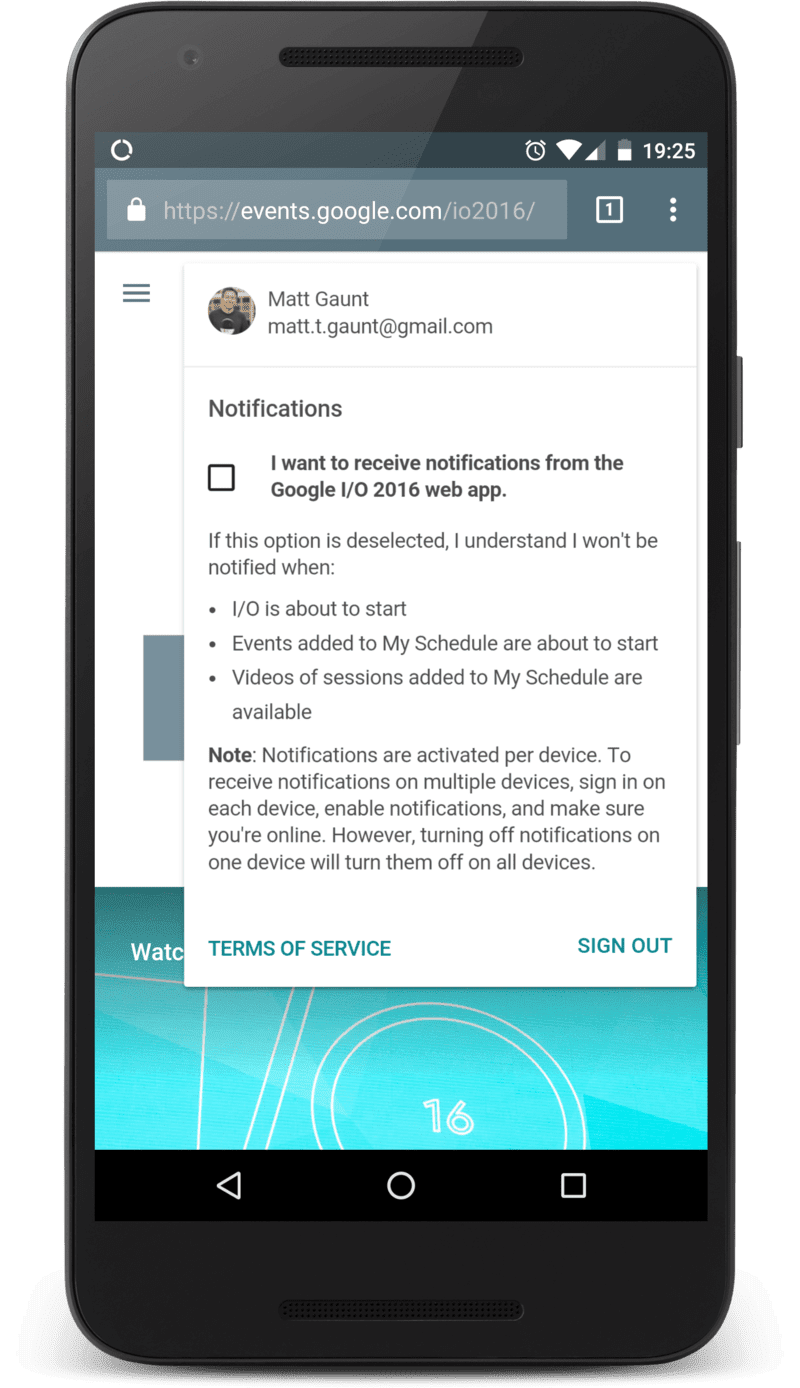 Il riquadro delle impostazioni nell&#39;app web di Google IO per la messaggistica push.