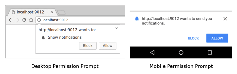 パソコンとモバイルの Chrome での権限プロンプト。