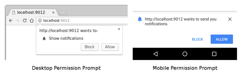 電腦版和行動版 Chrome 上的權限提示。
