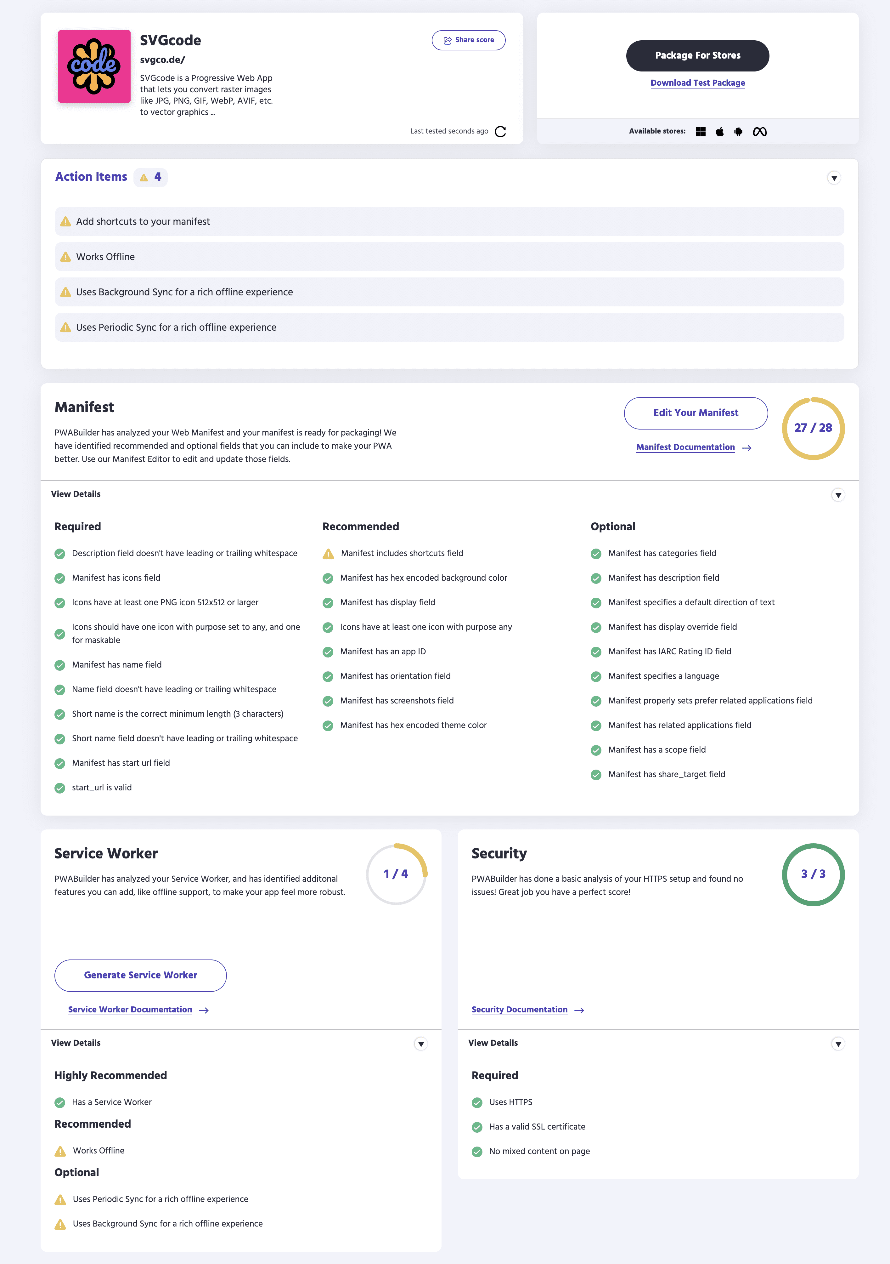 SVGcode PWA nell&#39;interfaccia utente PWABuilder.