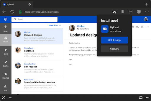 Oculus Browser inviting the user in a prompt to install the MyEmail app.