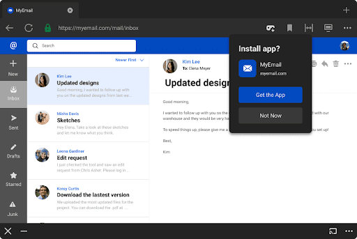Oculus ब्राउज़र, उपयोगकर्ता को MyEmail ऐप्लिकेशन इंस्टॉल करने के लिए अनुरोध भेजता है.