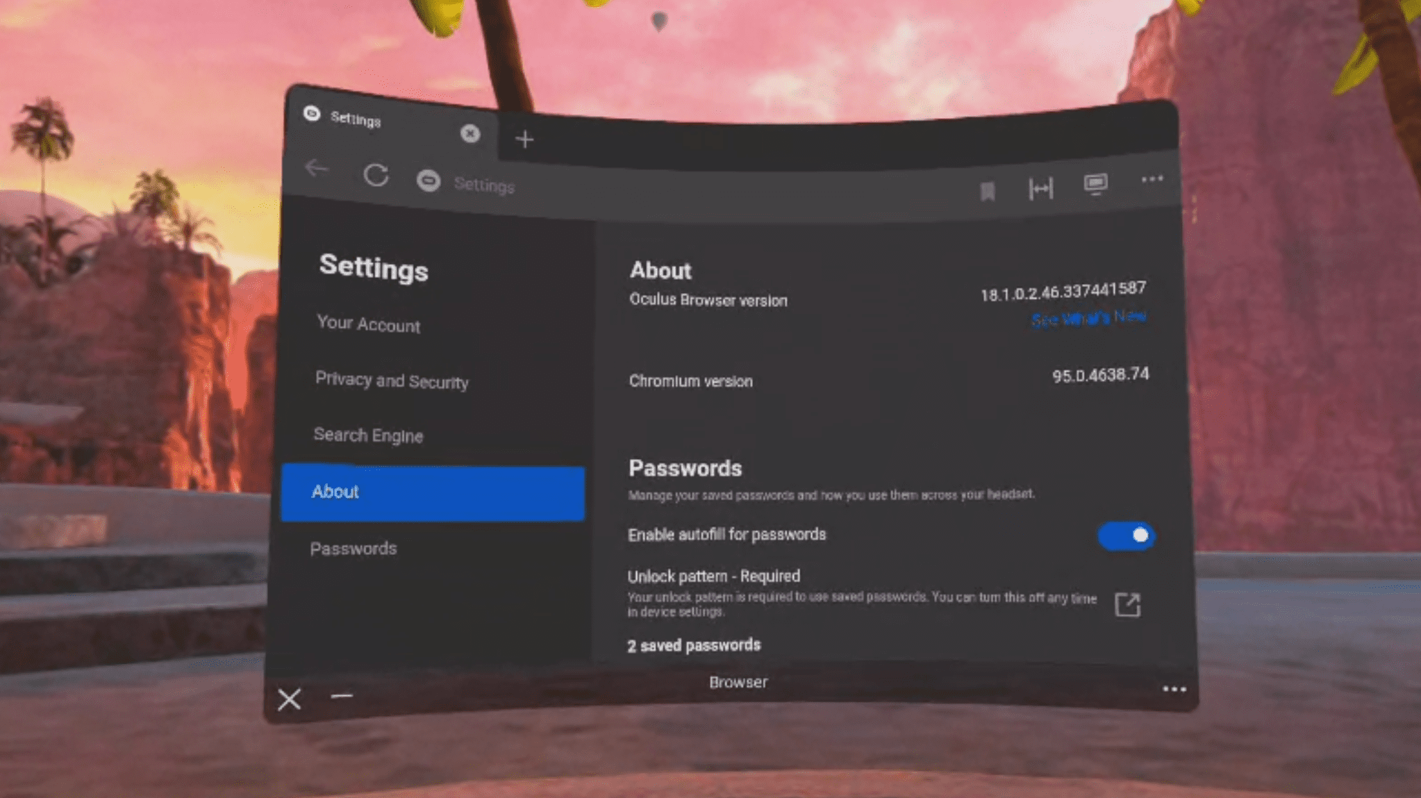 Página "Sobre" do Oculus Browser.