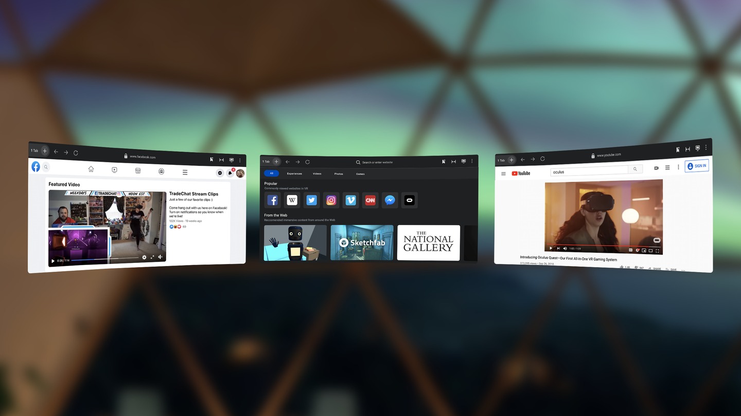 Navigateur Oculus avec trois fenêtres de navigateur ouvertes.