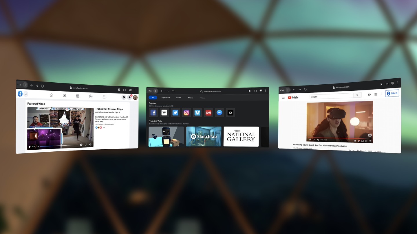 Browser Oculus dengan tiga jendela browser terbuka.