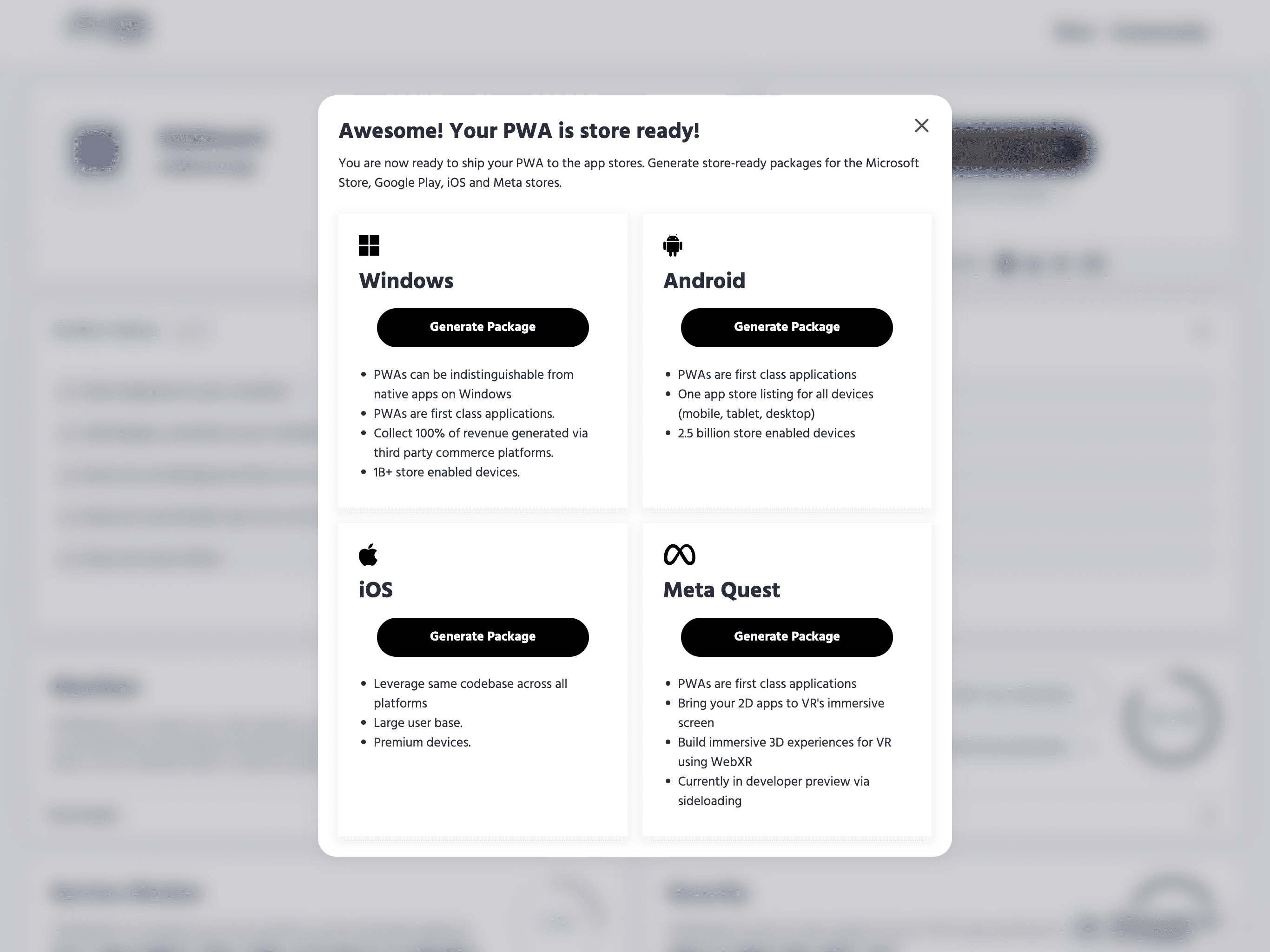 Opções de empacotamento do PWABuilder.