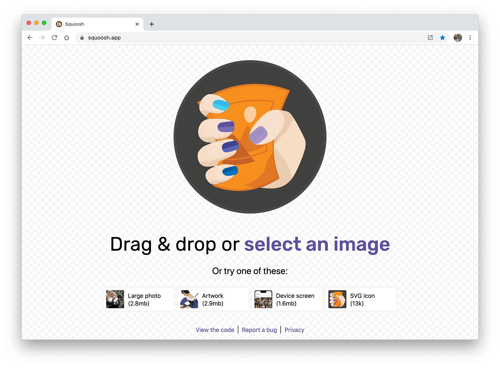 Uma captura de tela do Squoosh, um app da Web para compressão de imagens.