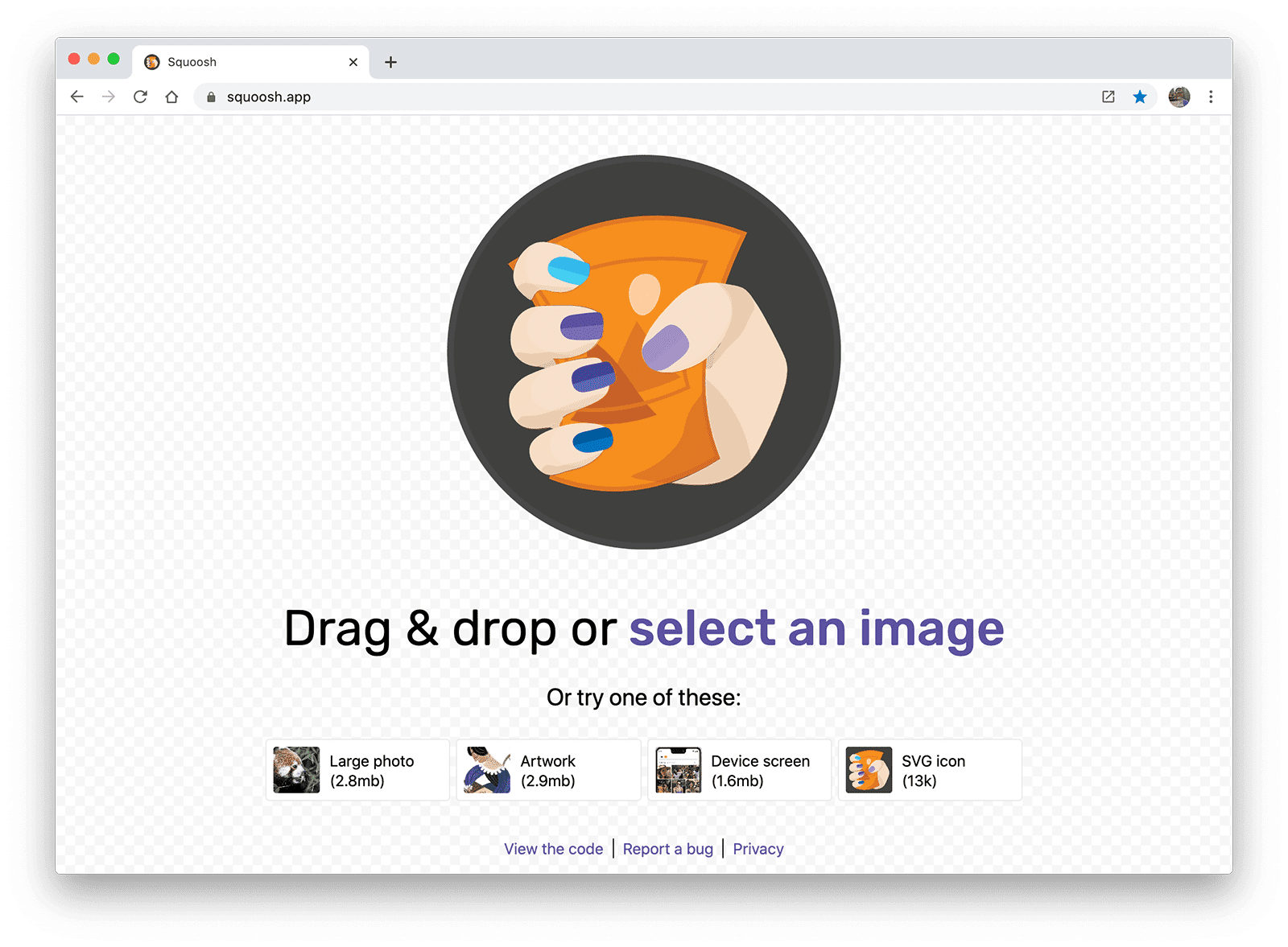 Capture d'écran de Squoosh, une application Web de compression d'images.