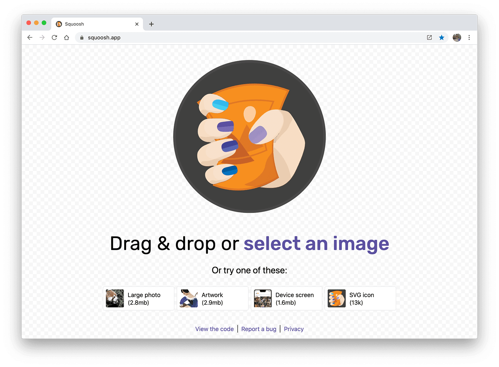 Squoosh 的圖片壓縮網頁應用程式的螢幕截圖。
