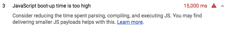 Un controllo Lighthouse non riuscito che mostra l&#39;esecuzione degli script che richiedono troppo tempo.