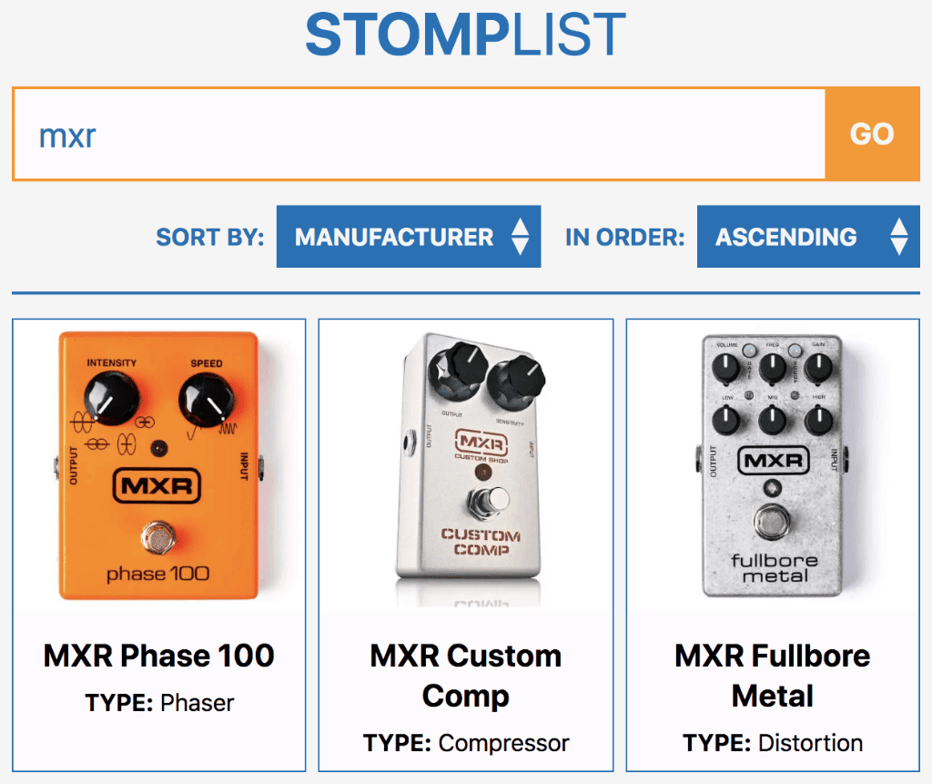 A screenshot of a sample one page application for searching a database of guitar effect pedals.