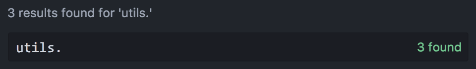 &#39;utils.&#39; के लिए टेक्स्ट एडिटर में खोज का स्क्रीनशॉट, जिसमें सिर्फ़ तीन नतीजे दिख रहे हैं.