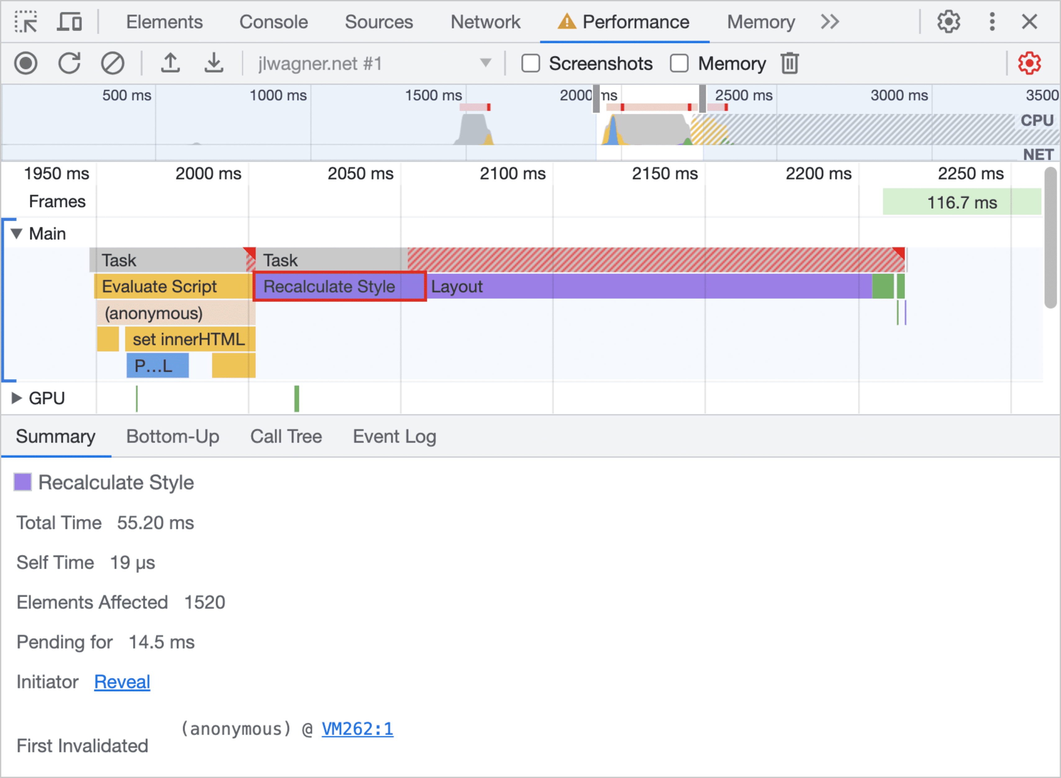 DevTools showing style calculations.