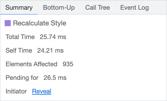 Getting the details of long-running style calculations, including vital information such as the amount of elements affected by the style recalculation work.