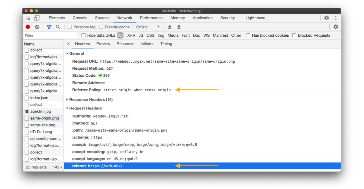 Chrome DevTools의 네트워크 패널 스크린샷으로, Referer 및 Referrer-Policy가 표시되어 있습니다.