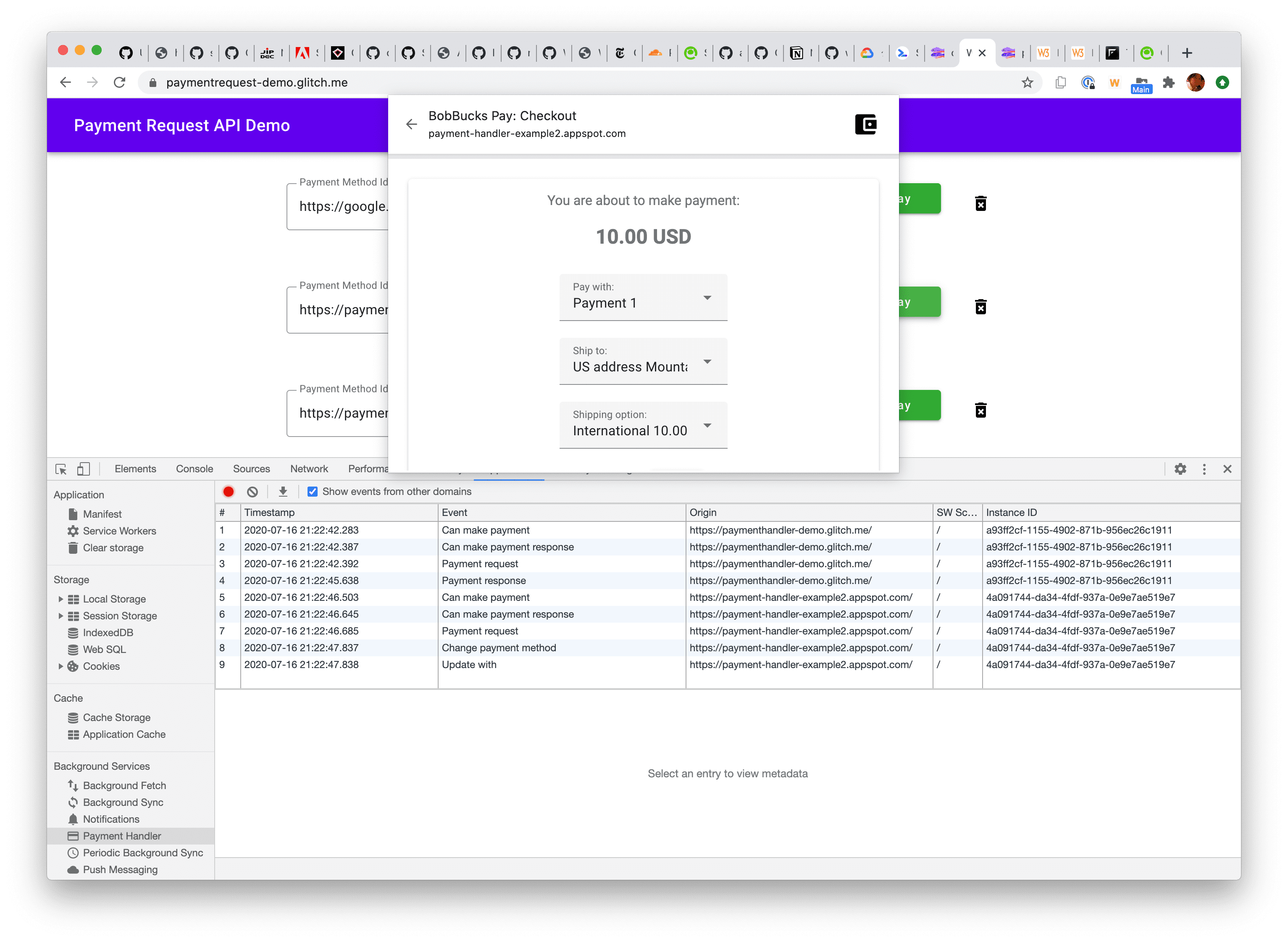 網頁型付款處理常式事件記錄的螢幕截圖。