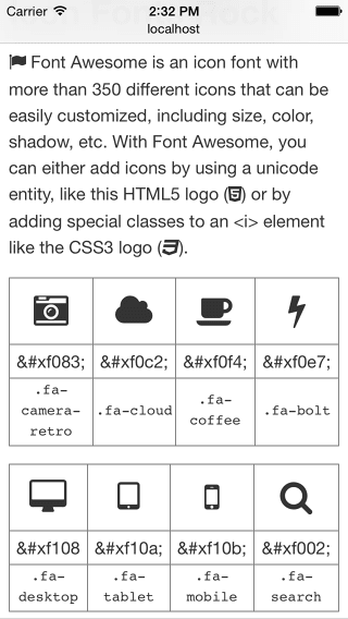 使用 FontAwesome 作為字型圖示的網頁範例。