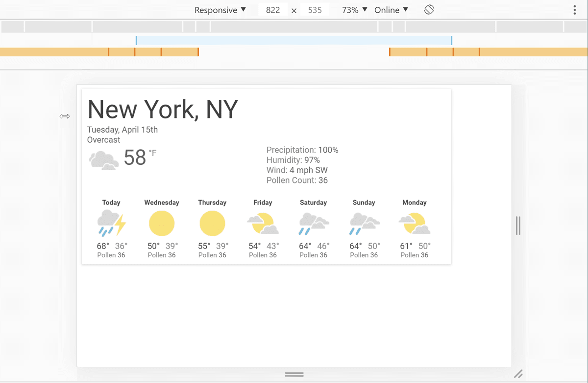 Captura de pantalla de DevTools con nuestra aplicación del pronostico del clima abierta y un ancho de 822 píxeles seleccionados.