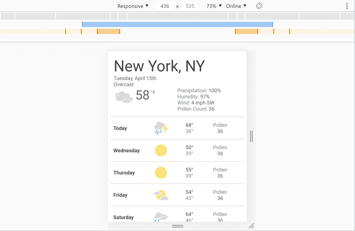 Captura de pantalla de DevTools con nuestra aplicación del pronostico del clima abierta y un ancho de 436 píxeles seleccionados.