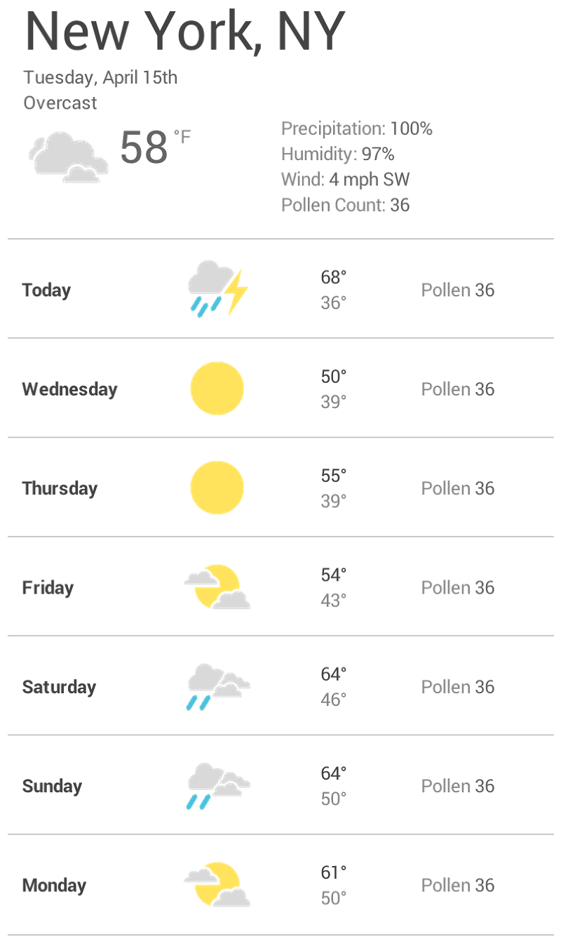 Captura de pantalla de una aplicación del pronostico del clima con un ancho de dispositivo móvil