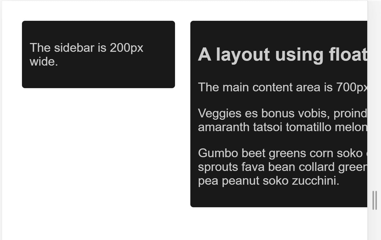 Um layout de duas colunas com a maior parte da segunda coluna fora da janela de visualização