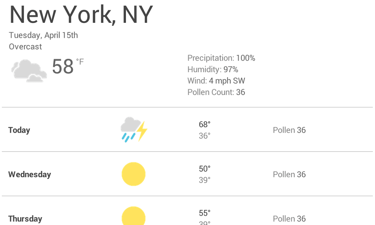 Screenshot di
    un&#39;app meteo con ampi intervalli tra gli elementi