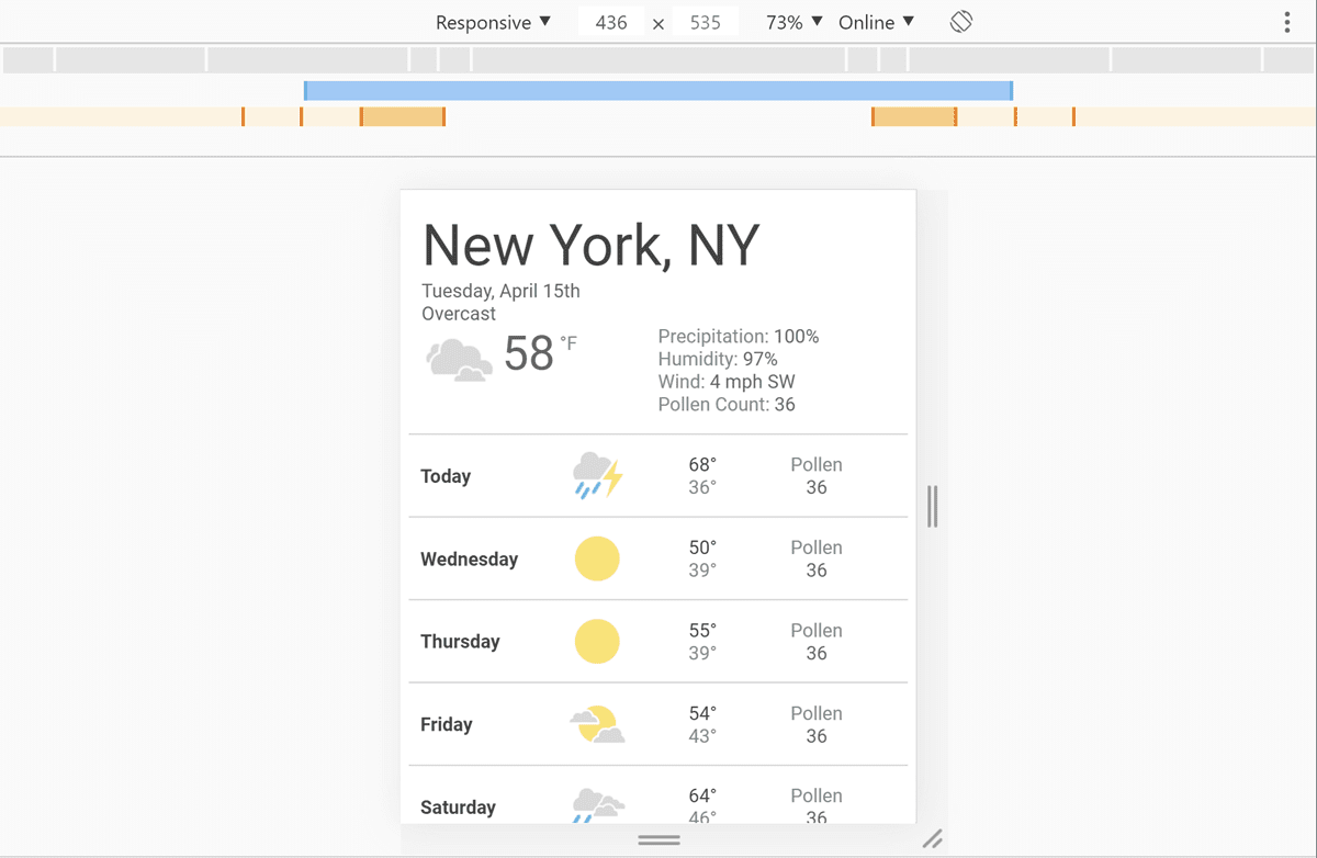 天気アプリを開いた状態で、幅が 436 ピクセルに選択されている DevTools。