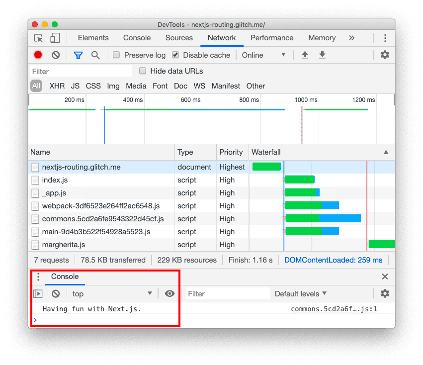 Console do DevTools mostrando a mensagem &quot;Divirta-se com o Next.js&quot;.