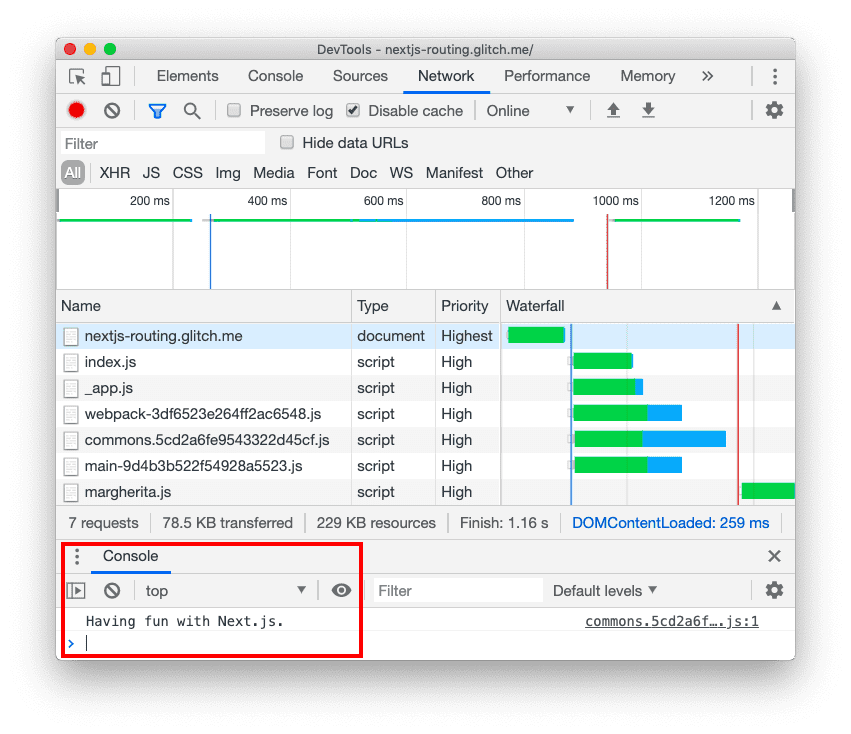 'Having fun with Next.js.'라는 메시지를 표시하는 DevTools 콘솔