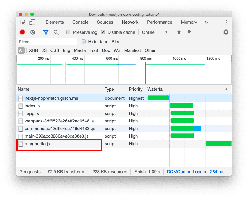 Scheda Rete di DevTools con margherita.js evidenziata.