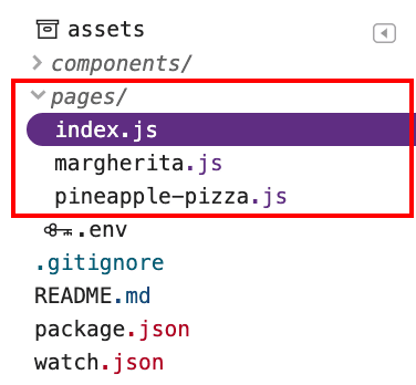 पेज डायरेक्ट्री का स्क्रीनशॉट, जिसमें तीन फ़ाइलें हैं: index.js, margherita.js, और signeapple-pizza.js.
