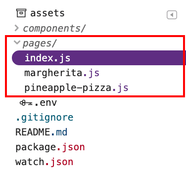 ภาพหน้าจอของไดเรกทอรีของหน้าที่มีไฟล์ 3 ไฟล์ ได้แก่index.js, margherita.js และ สับปะรด-พิซซ่า.js