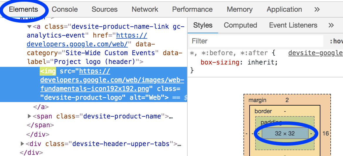 پانل عنصر DevTools