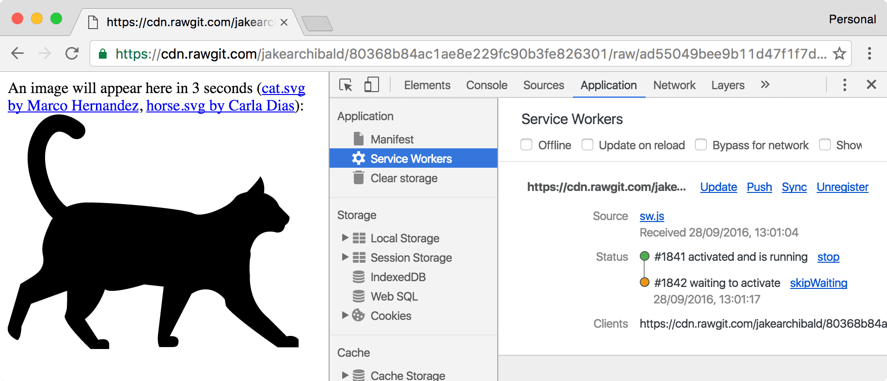 DevTools che mostra un nuovo service worker in attesa