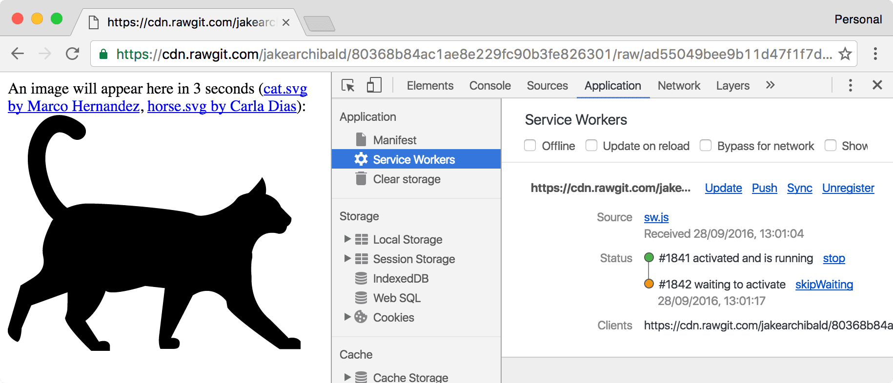 新しいサービス ワーカーが待機していることを示す DevTools