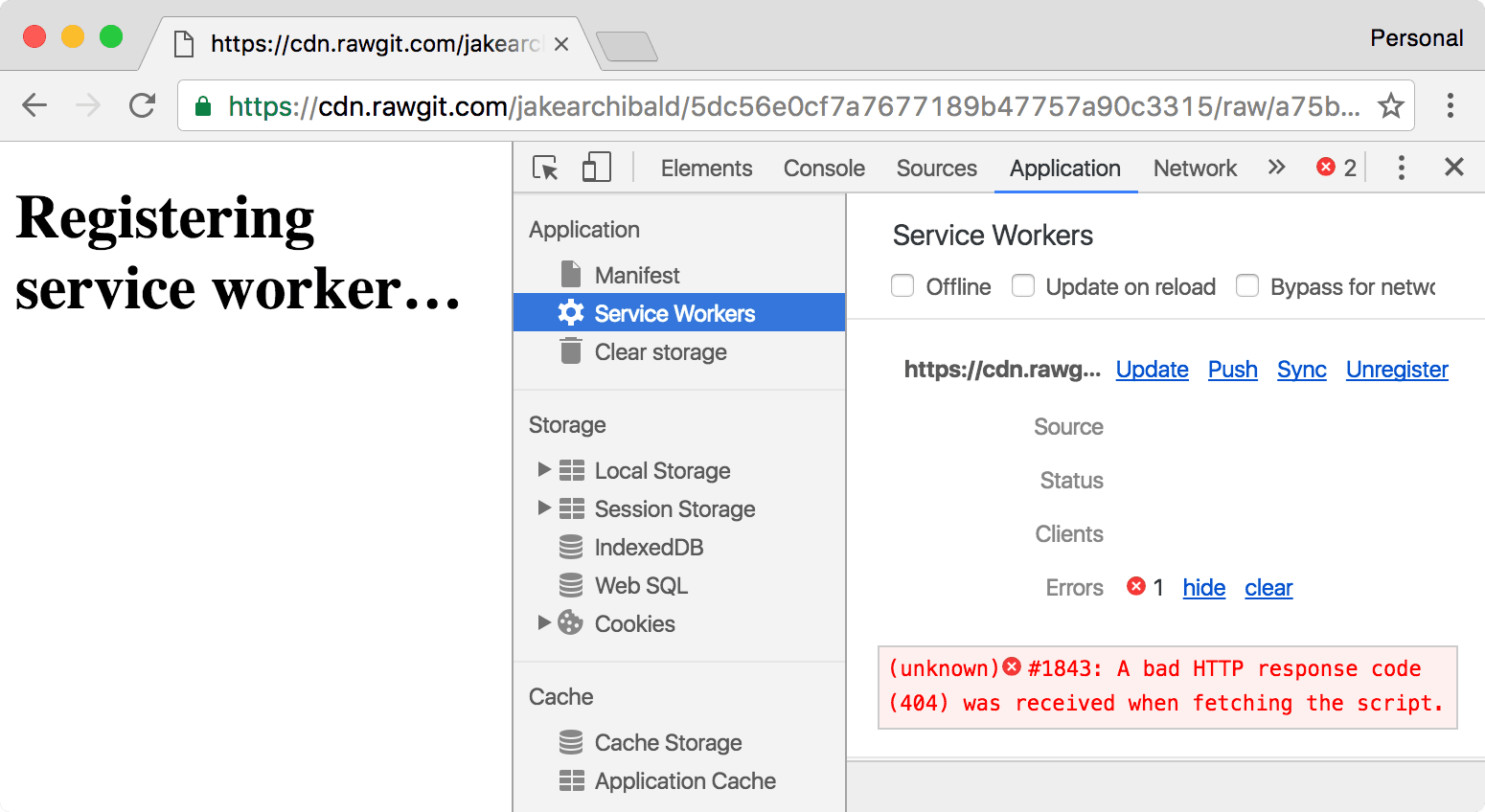 Error displayed in service worker DevTools tab