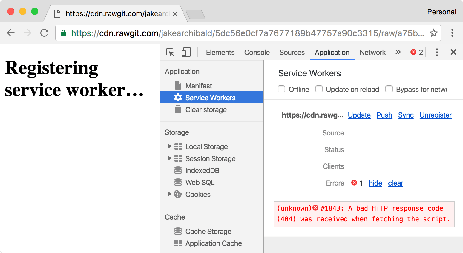 Erreur affichée dans l'onglet DevTools du service worker